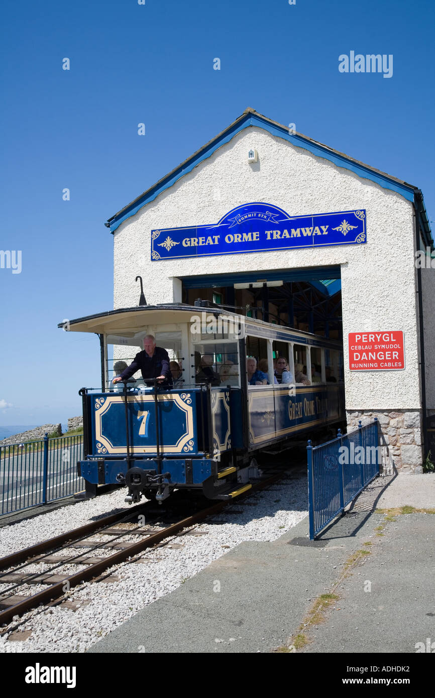 Tram on the Great Orme Tramway leaving the top summit station Llandudno Wales UK Stock Photo