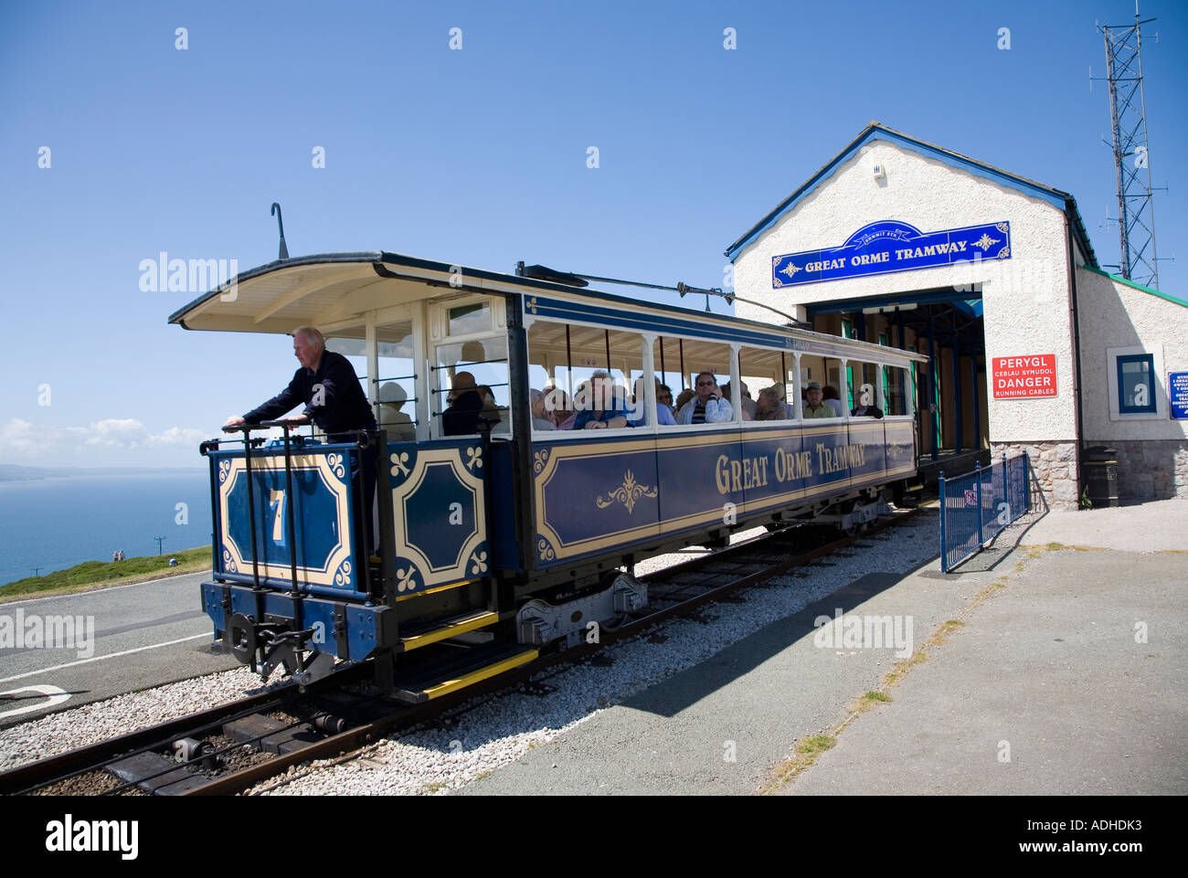 Tram on the Great Orme Tramway leaving the top station Llandudno Wales UK Stock Photo