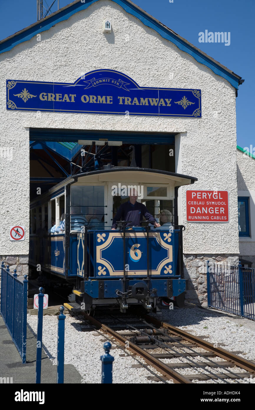 Tram on the Great Orme Tramway leaving the top summit station Llandudno Wales UK Stock Photo