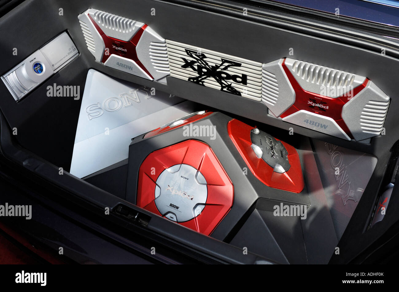 Powerful auto audio system Sony Xplod in a boot trunk of a car Stock