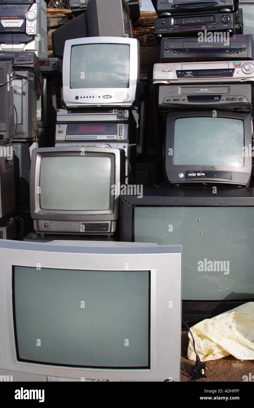 Recycling centre for Televisions TV Video recorder VCR tip dump England