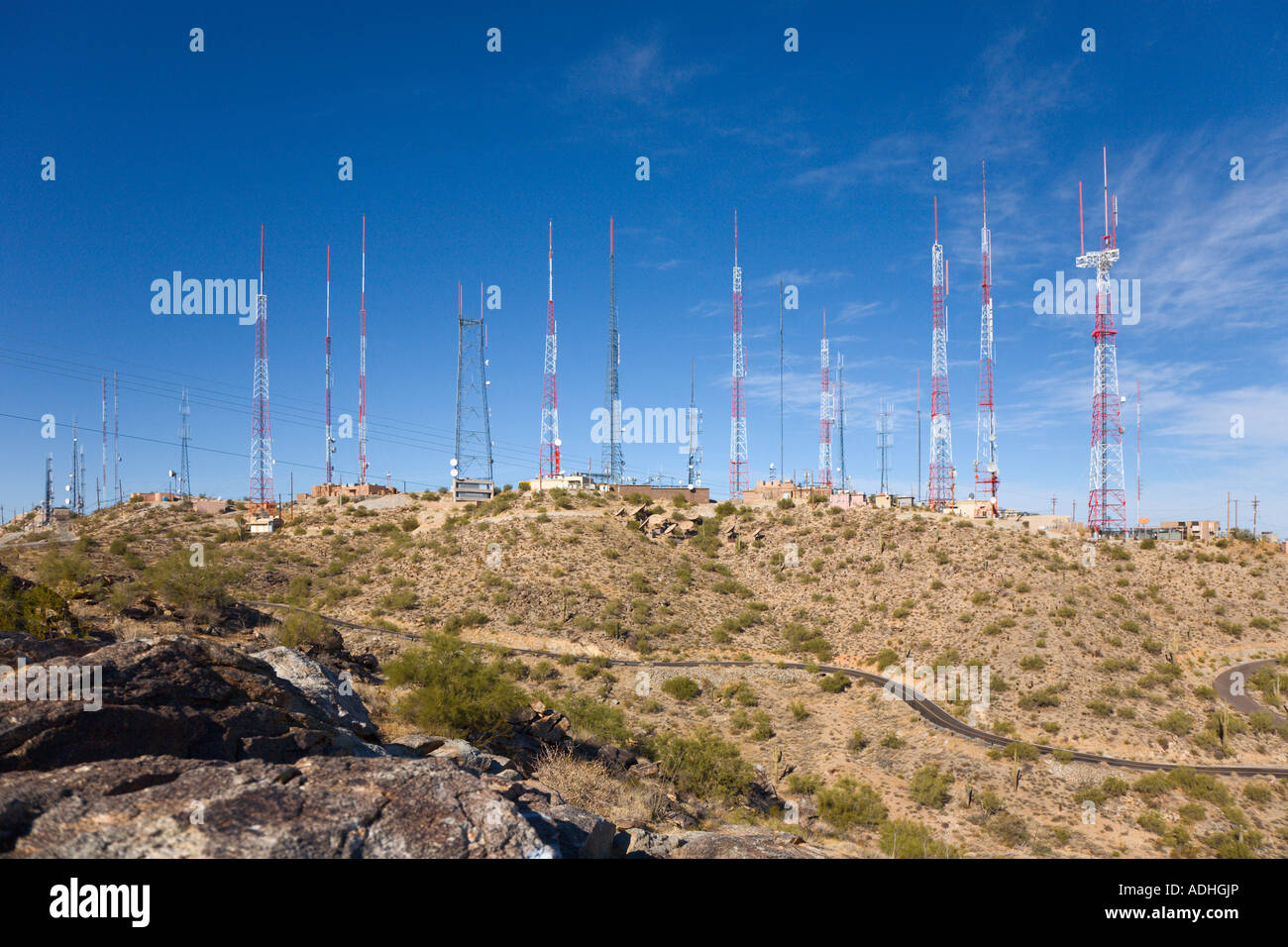 Antenna towers for radio and television communication on South Mountain near Phoenix, Arizona Stock Photo