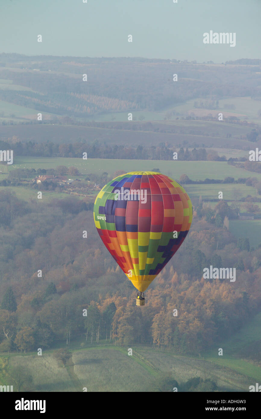 Aerial view of a hot air balloon in flight Stock Photo