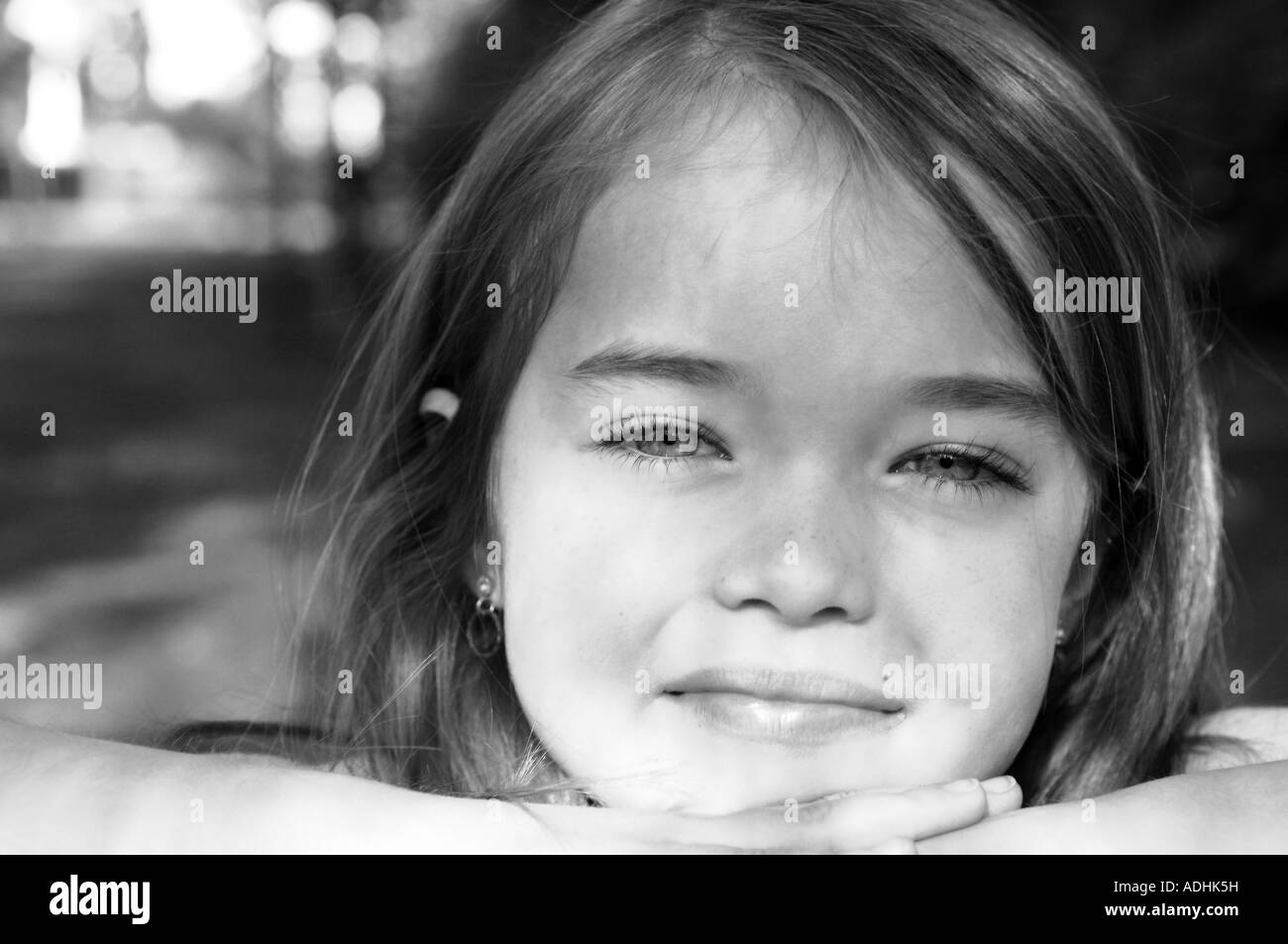 portrait beautiful young girl six years old caucasian portrait face fair lomo effect colour color horizontal monochrome black an Stock Photo