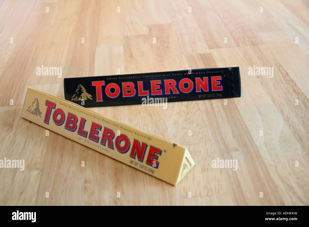 A swiss import, here in the United States, Toblerone chocolate candy bars. Stock Photo