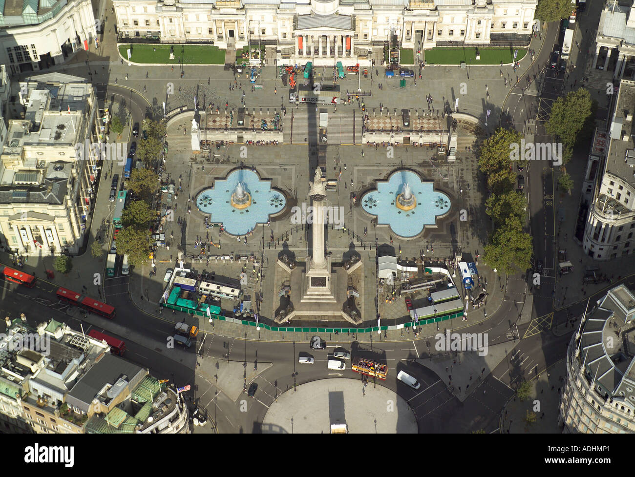 Aerial view of Trafalgar Square in London featuring Nelson's Column and