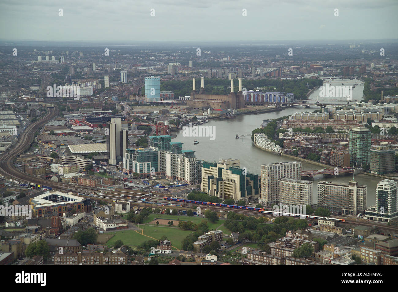 Aerial view of the MI6 Headquarters at Vauxhall Cross in London. Also featured is Battersea Power Station, Nine Elms and Pimlico Stock Photo