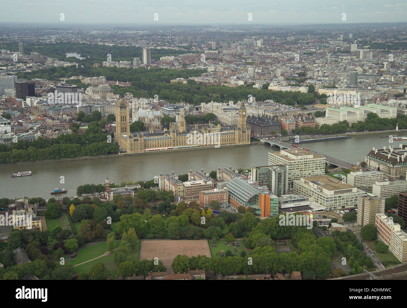 Aerial view of the Houses of Parliament and Whitehall looking over the River Thames and St Thomas' Hospital in London Stock Photo
