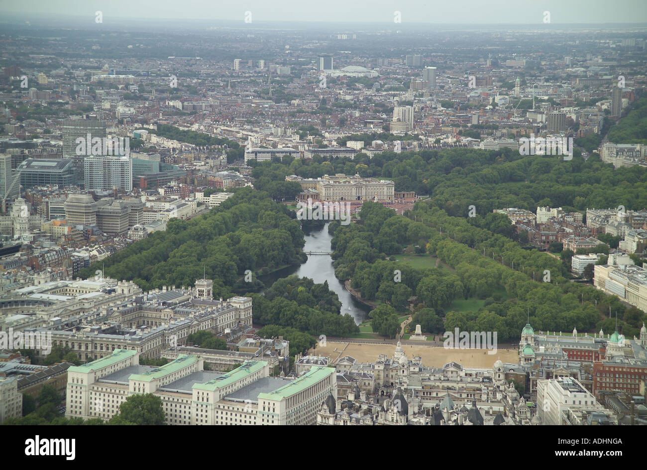 Aerial view of Horse Guards Parade, St James's Park and Buckingham Palace at the end of The Mall in London Stock Photo