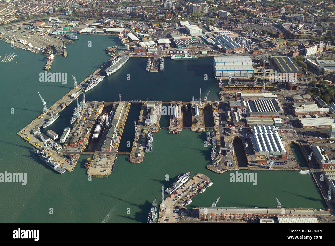 Aerial view of the Royal Navy Dockyards at Portsmouth Harbour, also