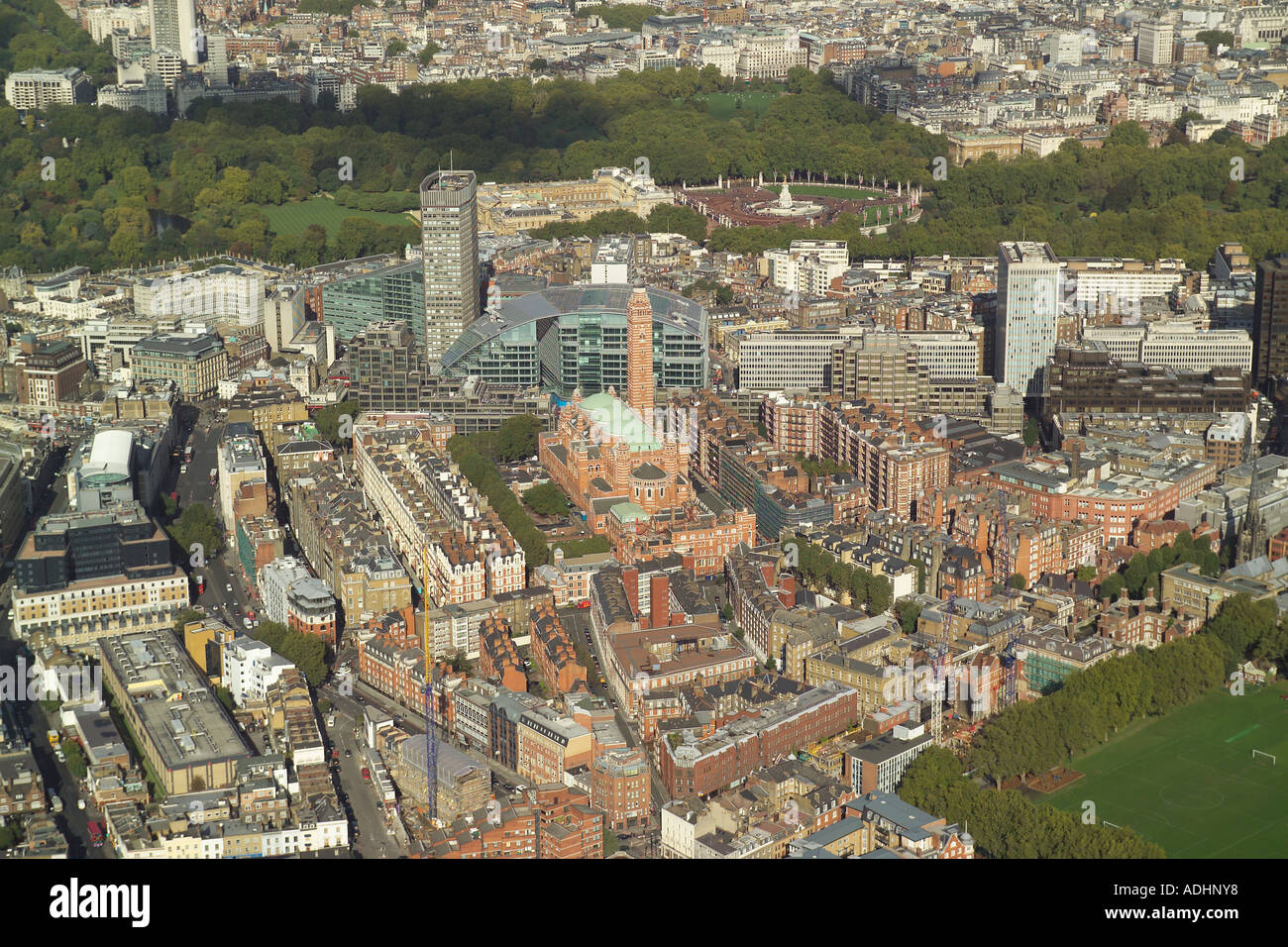 Aerial view of Westminster Cathedral in London with Buckingham Palace and Cardinal Place Shopping Centre in the background Stock Photo