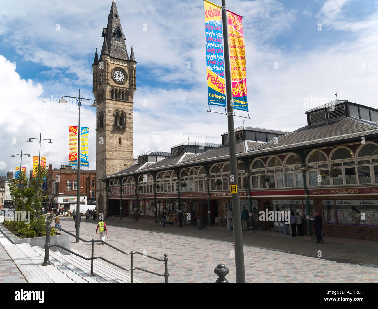 West Row pedestrianised street covered market and tower clock