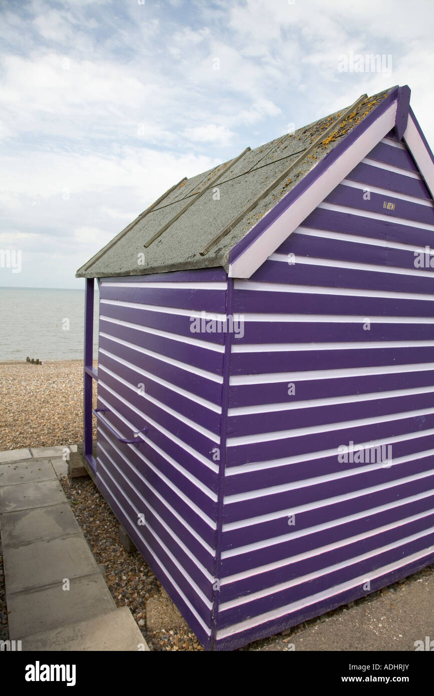 Purple and white beach hut at Herne Bay Kent England Stock Photo Alamy