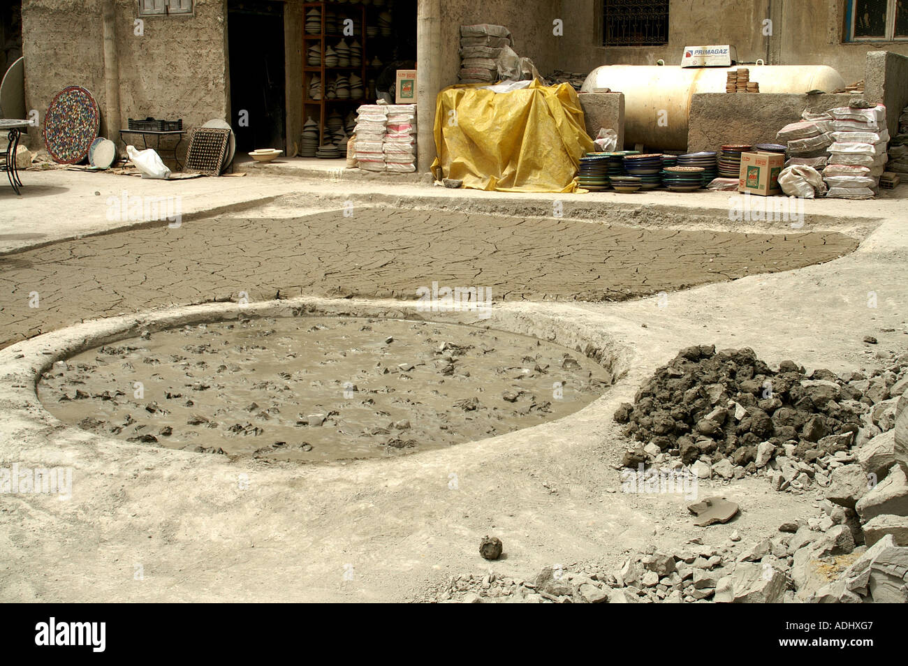 clay baking in the sun at the ceramic clay works in Fes Morocco Stock
