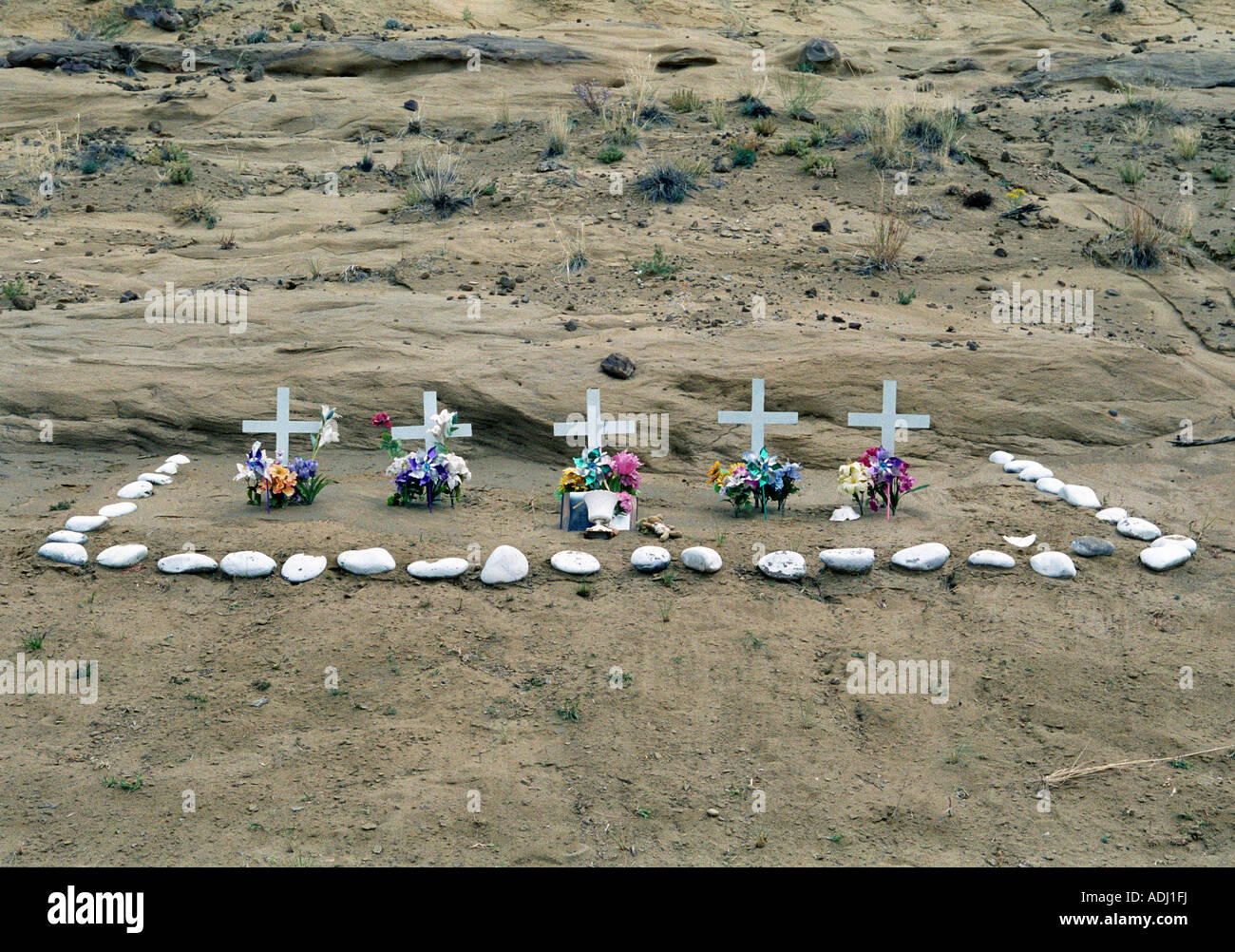 Road side memorial for a family killed in a car accident in northern New Mexico USA Stock Photo