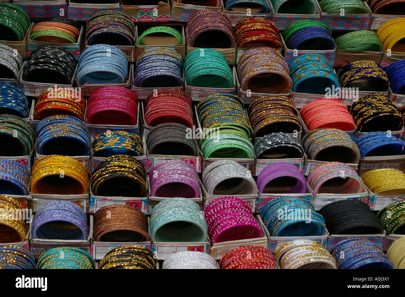 Connemara market Palayam Trivandrum Thiruvananthapuram Kerala South India bangle display colours colourful colors colorful stall Stock Photo
