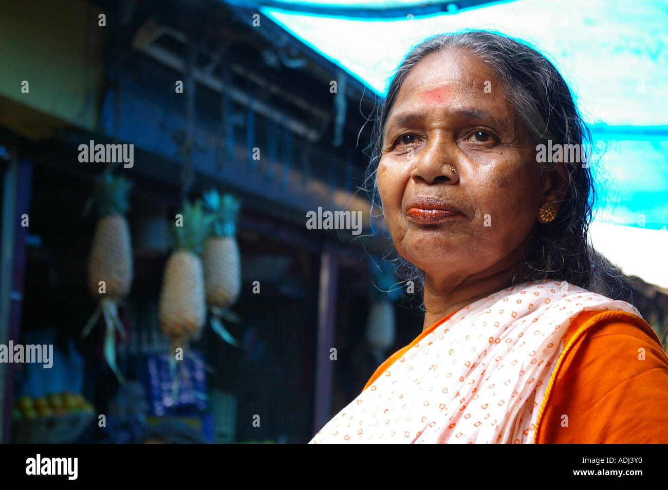 Portrait India woman Connemara market Palayam Trivandrum Thiruvananthapuram Kerala South India Portrait Indian woman Stock Photo