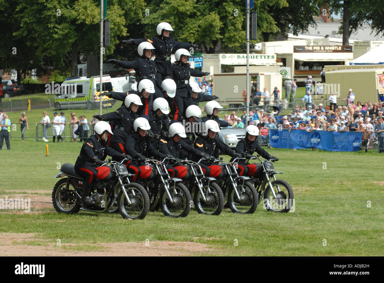White Helmets Motorcycle Display Team ,Shrewsbury Flower Show, Shropshire, UK Stock Photo