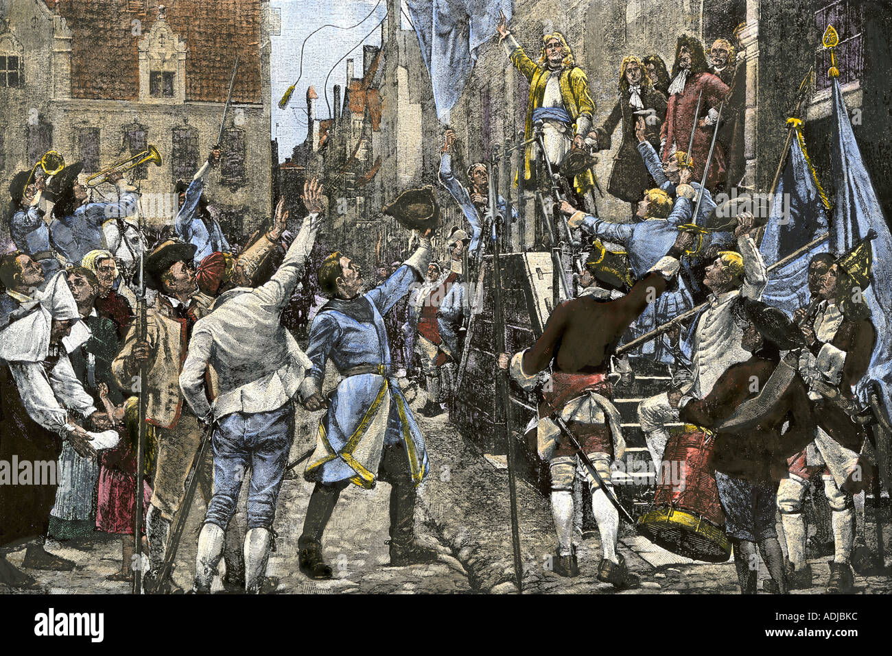 Soldiers of  Swedish King Charles XII reconquer Malmo retaking Skaneland from the Russians. Hand-colored woodcut Stock Photo