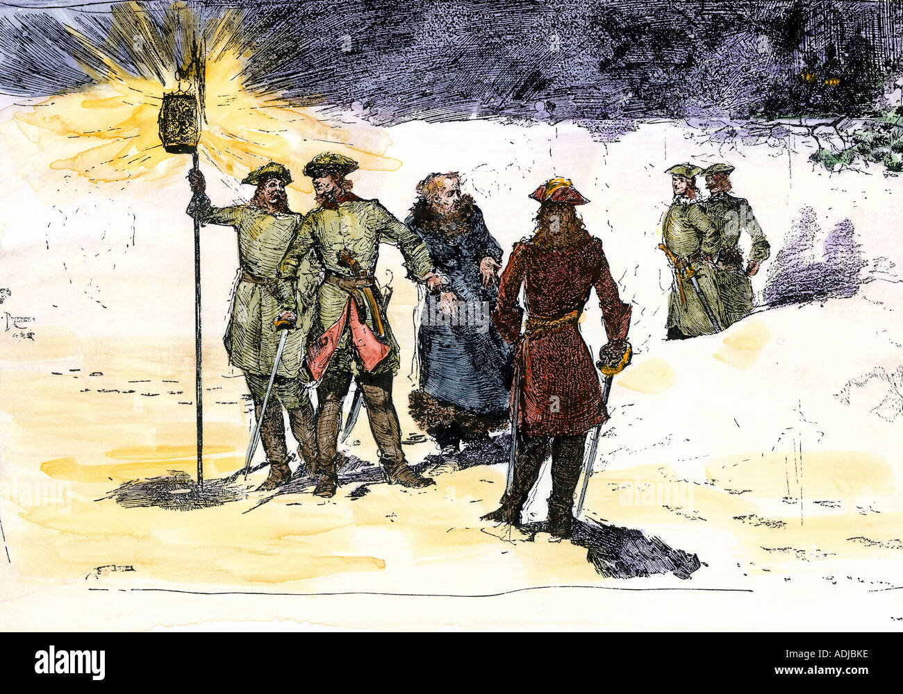 Russians arrest a spy during the Great Northern War with Sweden. Hand-colored woodcut Stock Photo