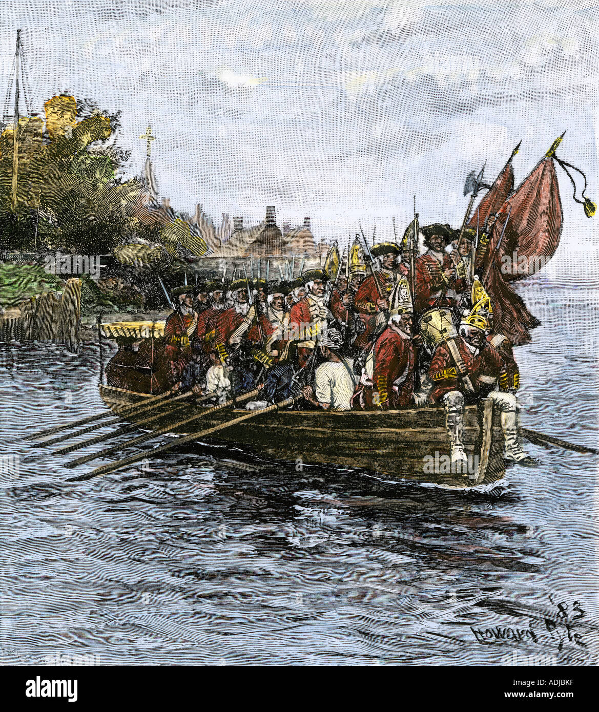 Last boatload of British troops evacuating New York City in 1783. Hand-colored woodcut Stock Photo