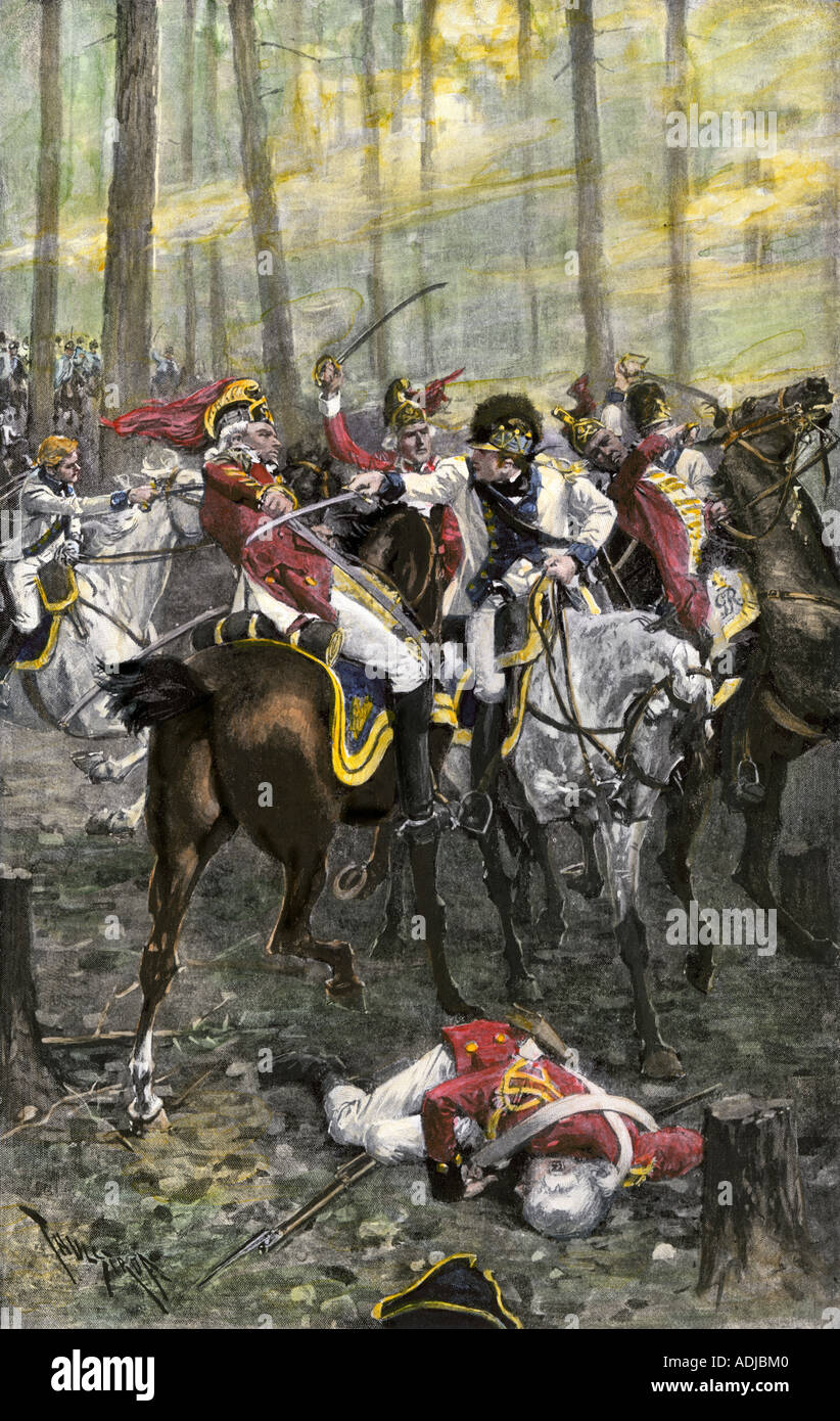Combat between Col. Banistre Tarleton and Col.l William Washington during the Battle of Cowpens in the American Revolution. Hand-colored woodcut Stock Photo