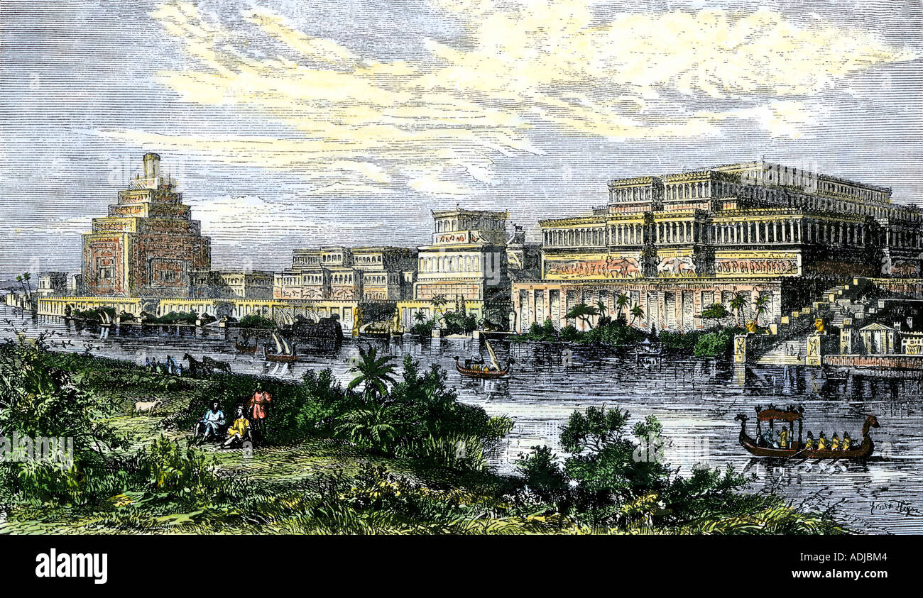 Ancient Assyrian royal palace at Ninevah on the Tigris River destroyed in 612 BC. Hand-colored woodcut Stock Photo