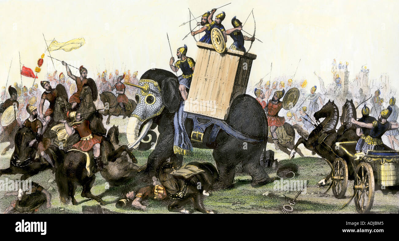 Military battle using armored elephants and chariots in the time of the Roman Empire. Hand-colored engraving Stock Photo