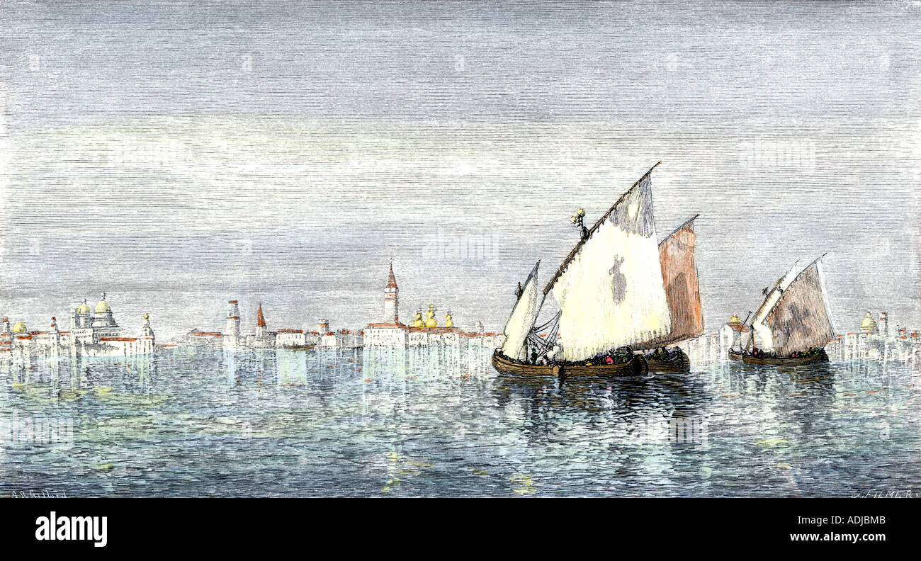 Sailboats on the lagoon of Venice. Hand-colored woodcut Stock Photo