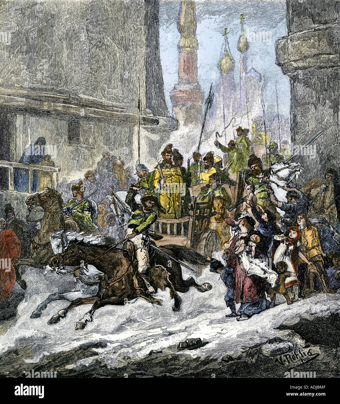 Streltsi taken to execution for their revolt against Tsar Peter the Great 1698. Hand-colored woodcut Stock Photo