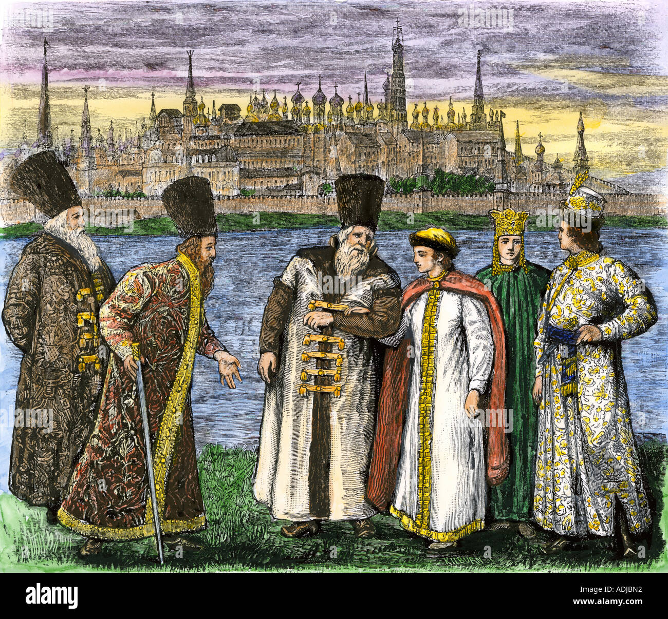 Russian nobles called boyars with the Kremlin in the background during the reign of Peter the Great 1600s. Hand-colored woodcut Stock Photo