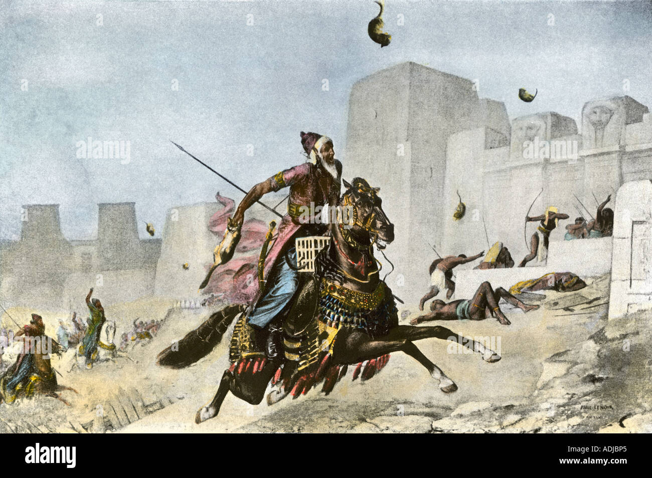 Persians hurling cats into Pelusium during Cambyses II conquest of Egypt 525 BC. Hand-colored halftone of an illustration Stock Photo
