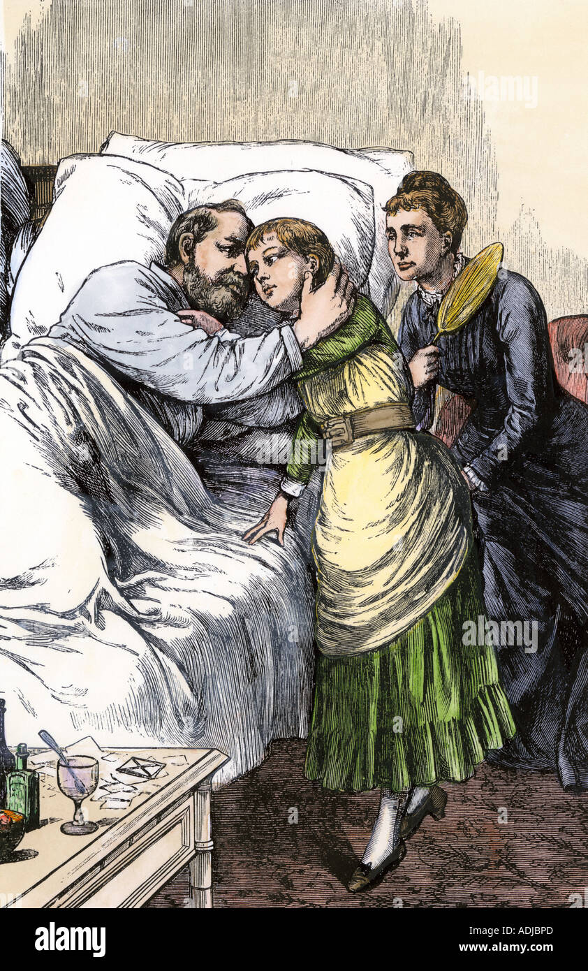 US President James A Garfield dying from a bullet wound greeted by his