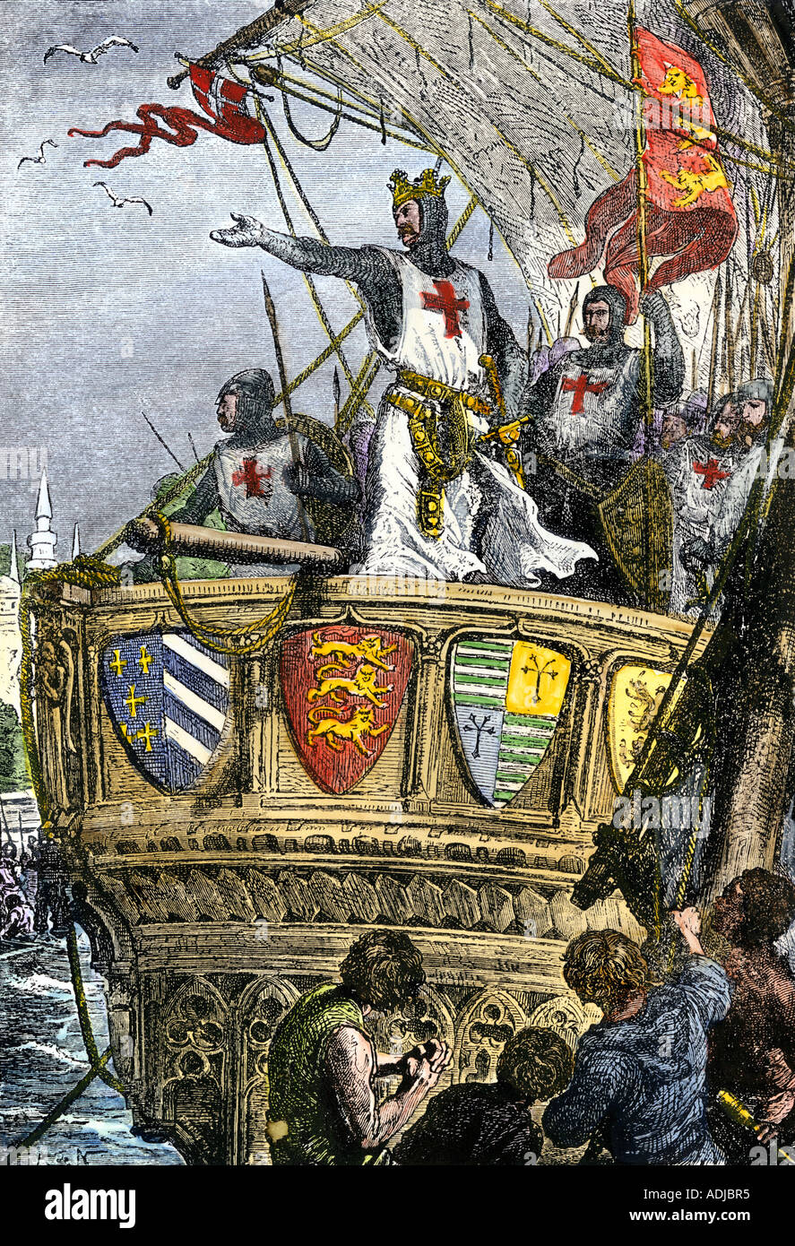 King Richard I (the Lionhearted) bidding farewell to the Holy Land after the Third Crusade 1100s. Hand-colored woodcut Stock Photo