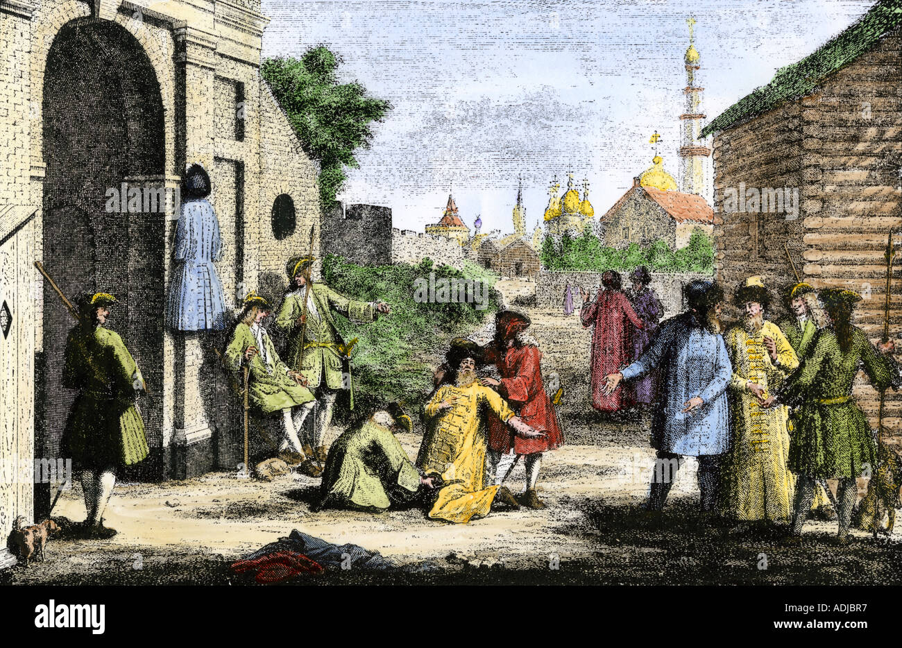 Cutting off the long robes of the Russian boyars under Tsar Peter the Great. Hand-colored halftone of an illustration Stock Photo