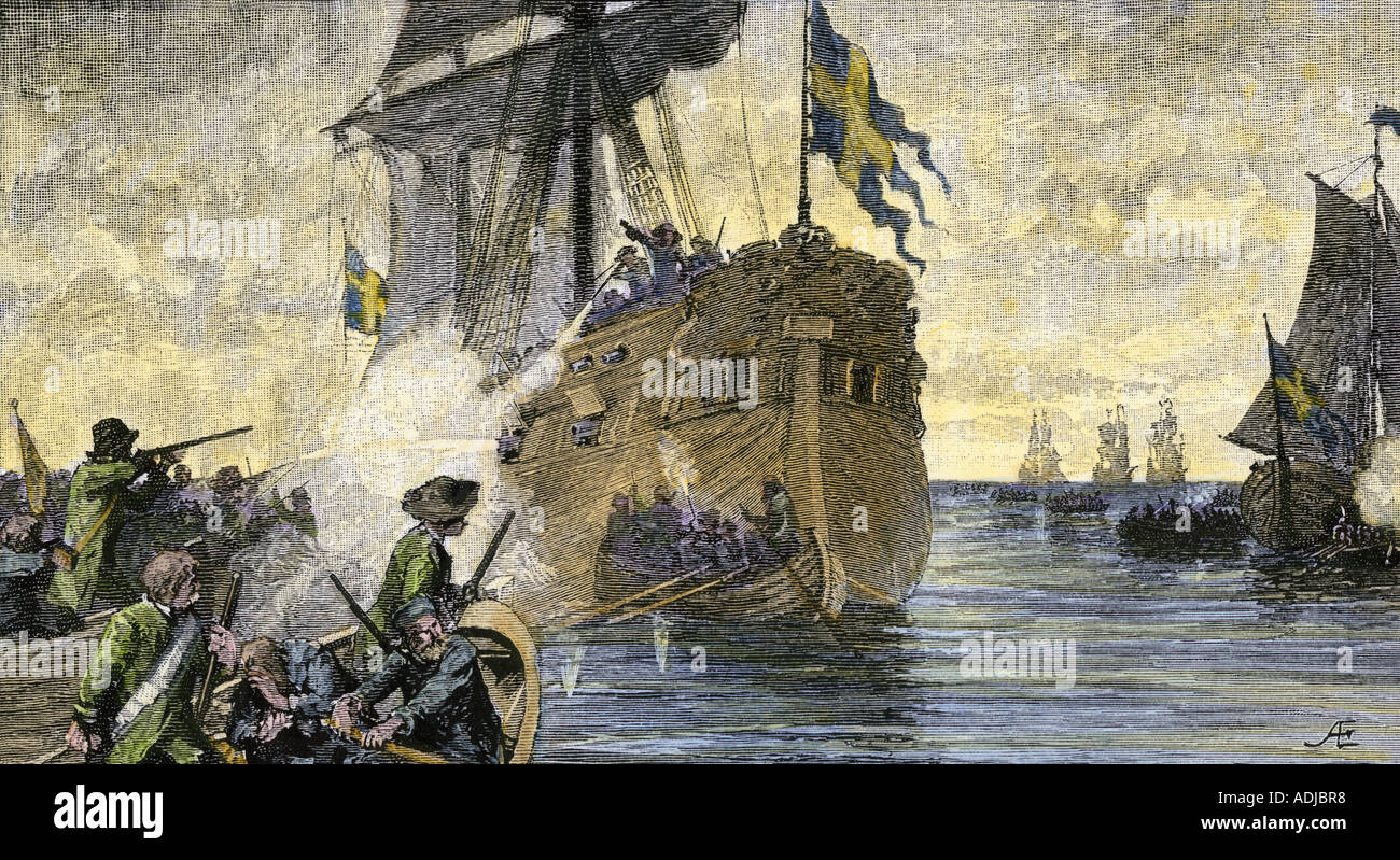 Swedish flotilla defeated by the Russians under Peter the Great in the Northern War. Hand-colored halftone of an illustration Stock Photo