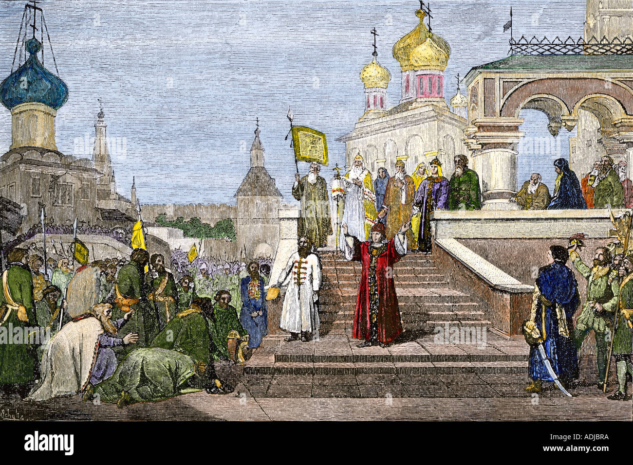 Tsar Peter I at the Troitsa Monastery receiving the deputations of the Streltsi. Hand-colored halftone of an illustration Stock Photo