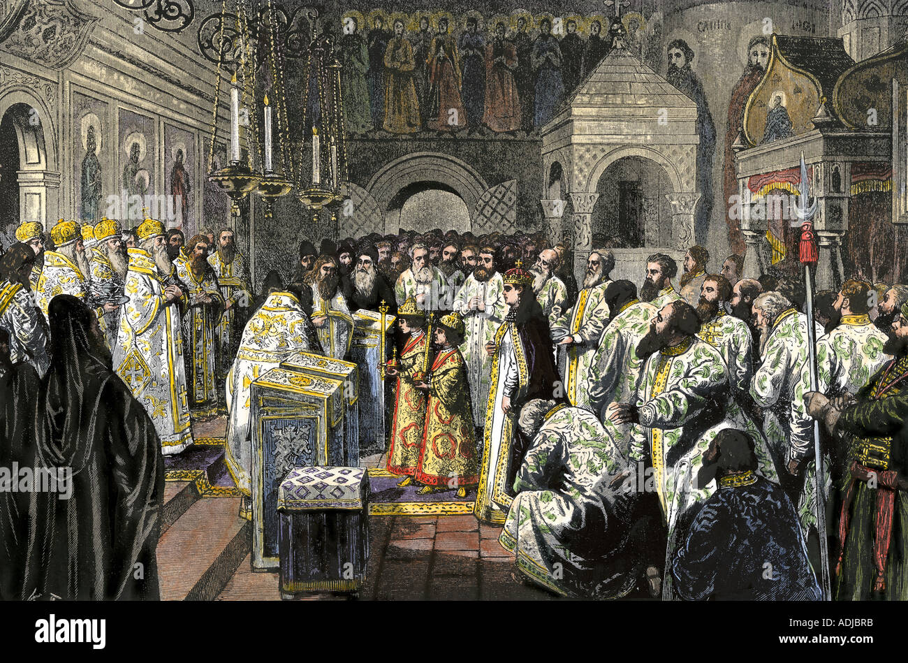Coronation of the two Romanov children as joint tsars Ivan V and Peter I in 1682. Hand-colored woodcut Stock Photo