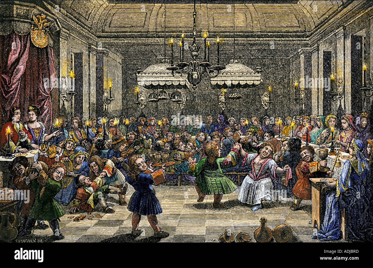 Marriage of dwarfs at the court of Peter the Great. Hand-colored ...