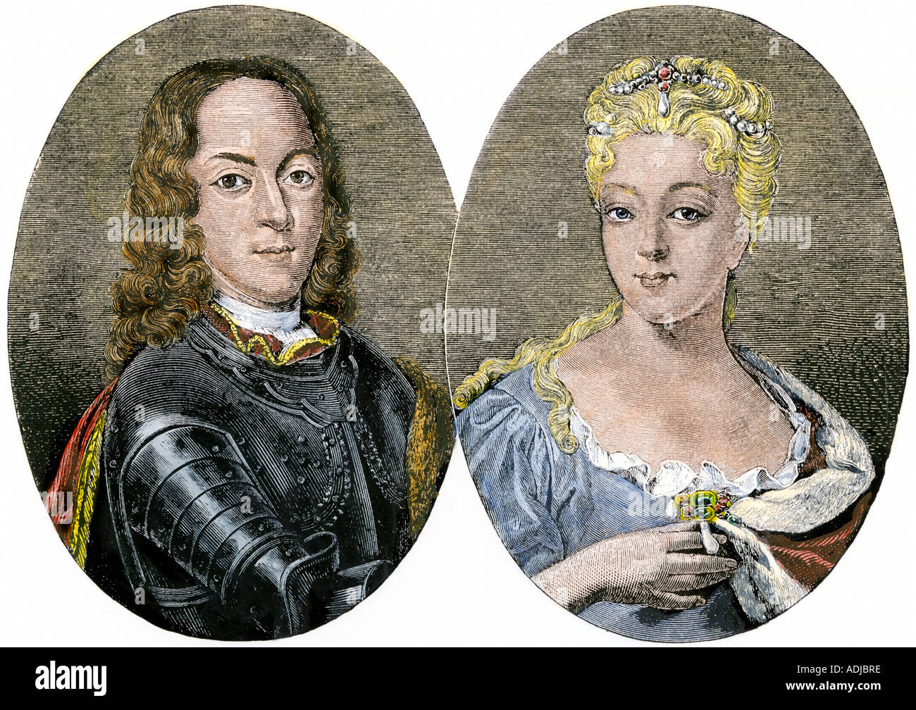 Tsarevitch Alexis son of Peter the Great and the crown princess Charlotte. Hand-colored woodcut Stock Photo
