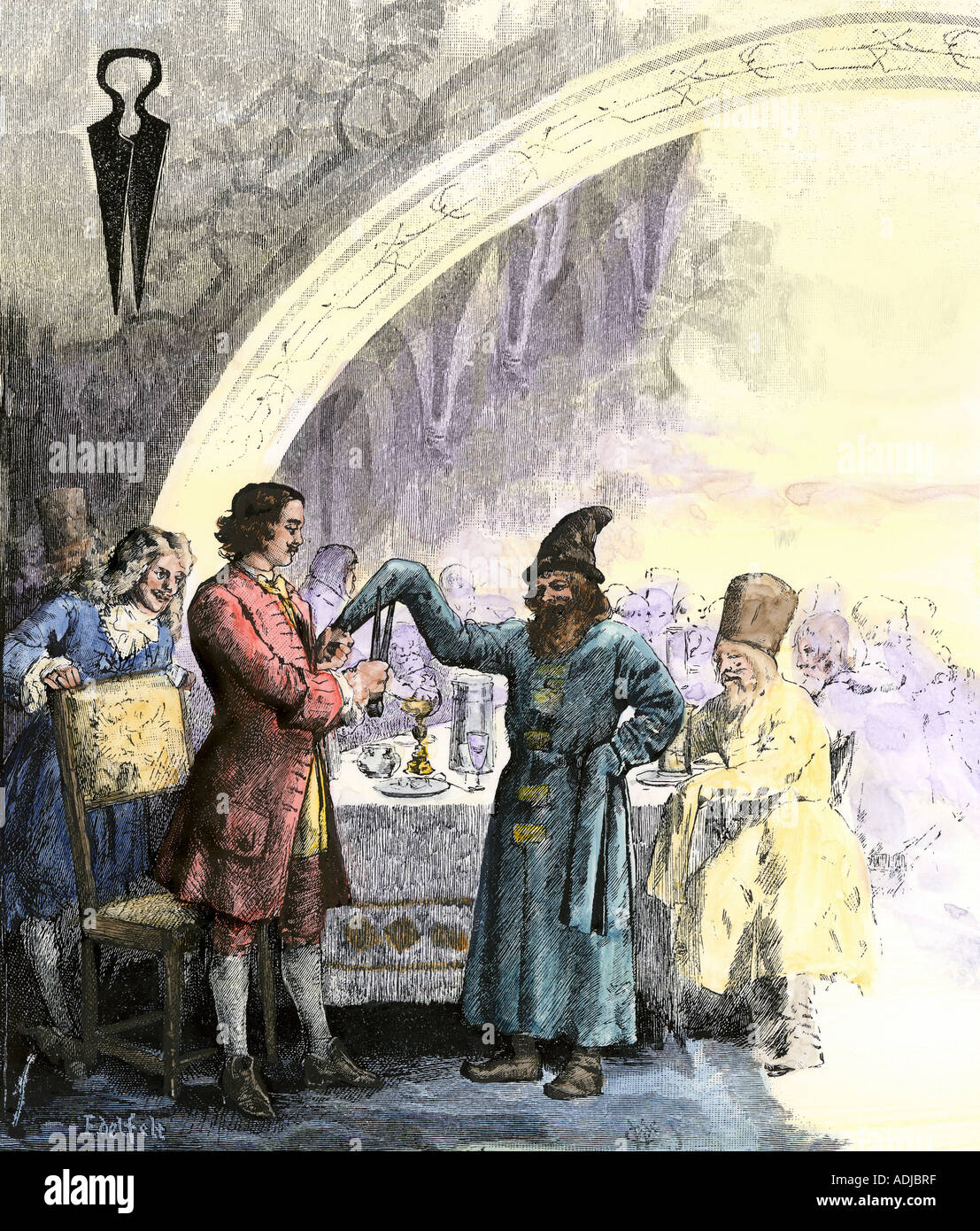 Tsar Peter I cutting the long sleeves of the boyars symbolically reducing the nobles' power. Hand-colored woodcut Stock Photo