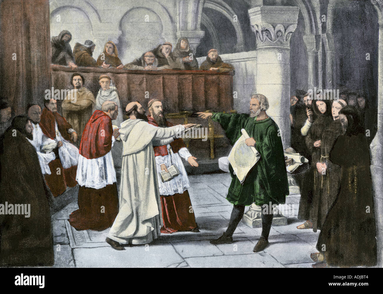 Galileo Galilei defending his astronomical observations before the Inquisition 1633. Hand-colored halftone of an illustration Stock Photo
