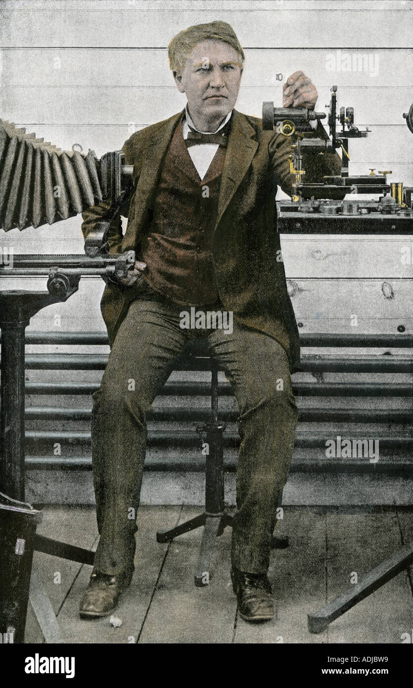 Thomas Alva Edison with his motion picture apparatus 1893. Hand-colored halftone of a photograph Stock Photo