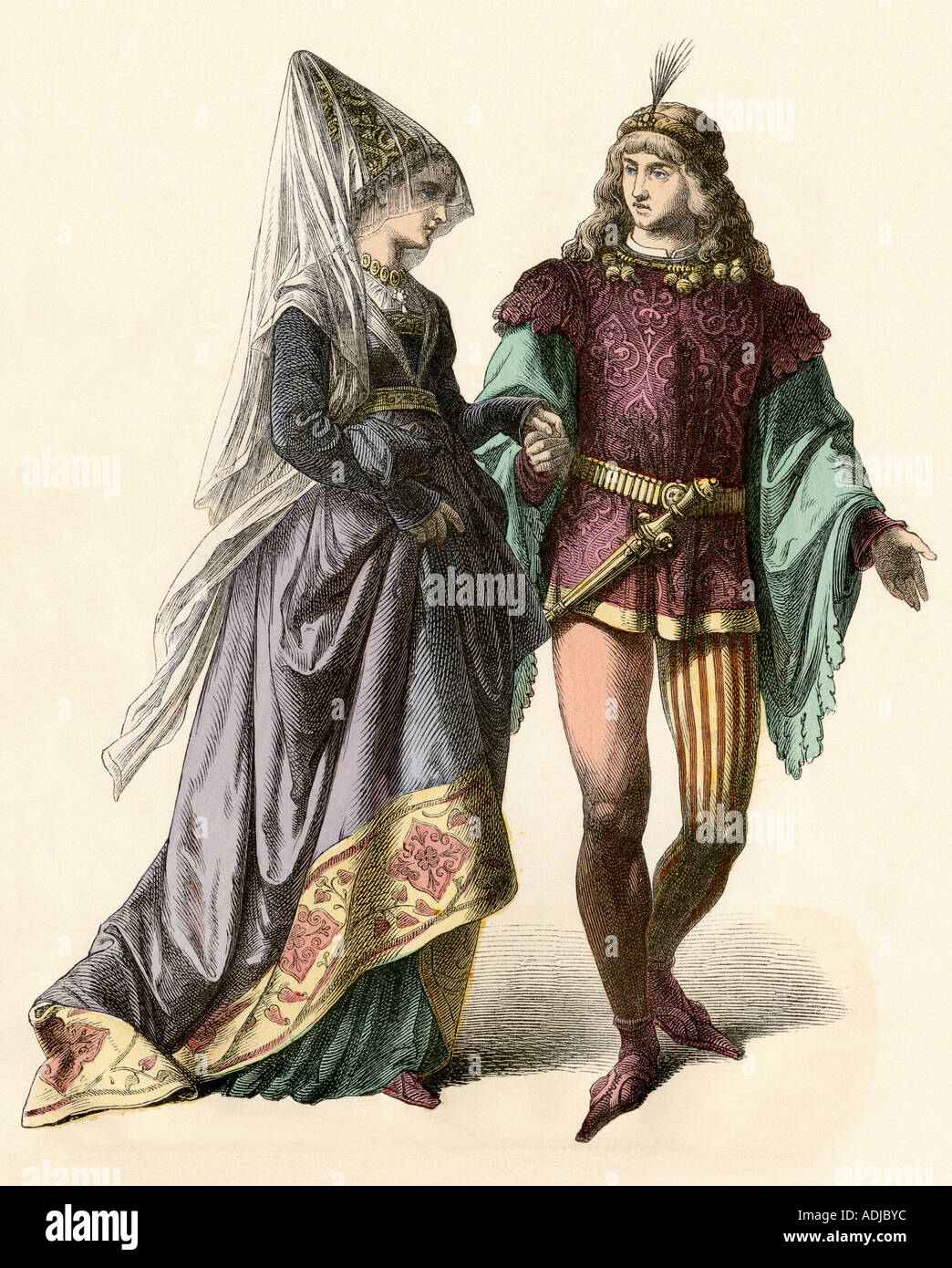 Noblewoman of Burgundy courted in the 1400s. Hand-colored print Stock Photo