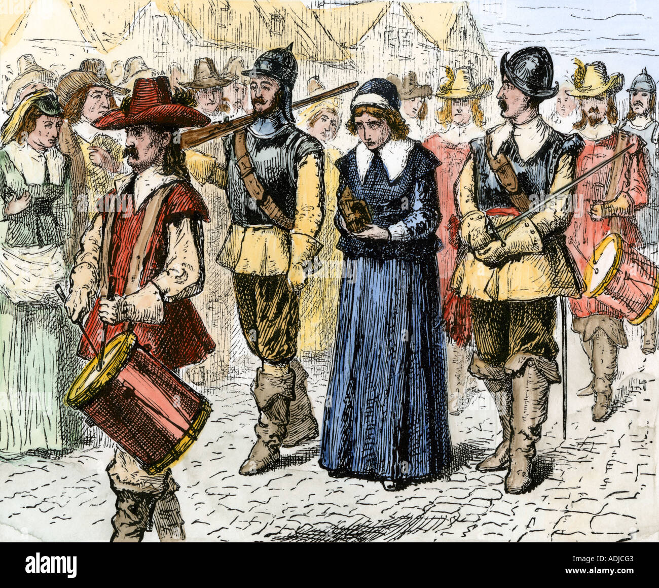 Quaker Mary Dyer led to execution in Massachusetts Bay Colony 1600s. Hand-colored woodcut Stock Photo