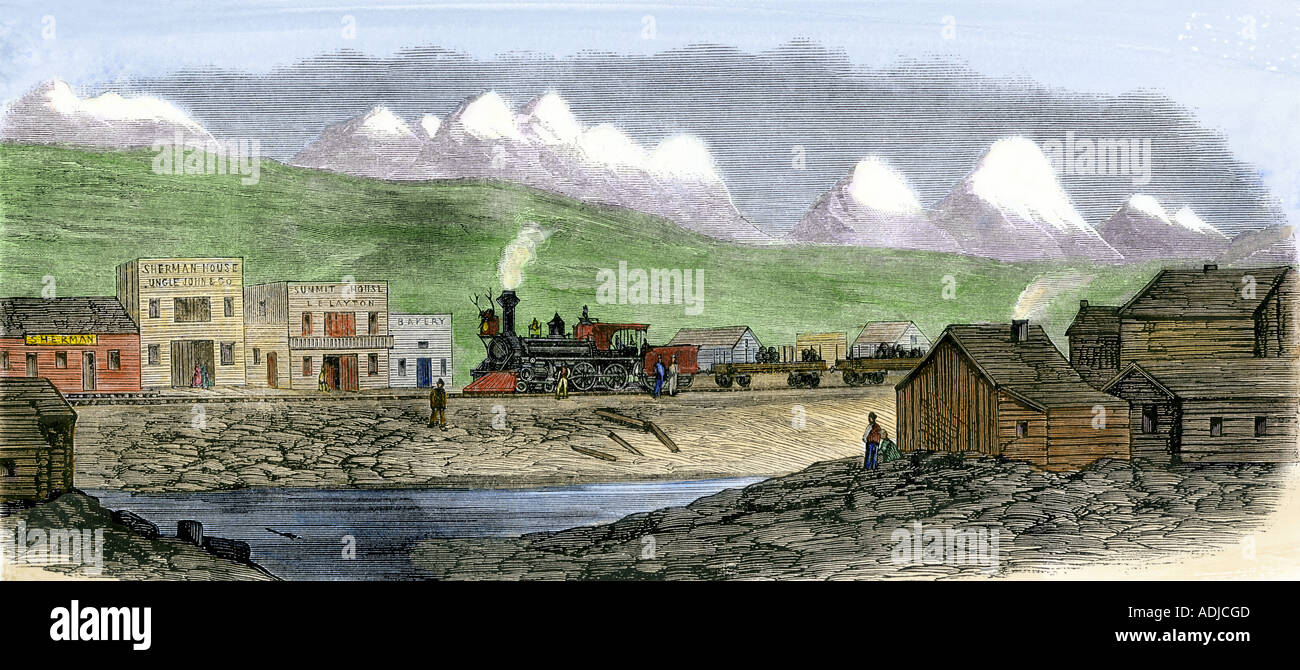 Union Pacific the transcontinental railroad at Sherman station in Wyoming Territory 1869. Hand-colored woodcut Stock Photo