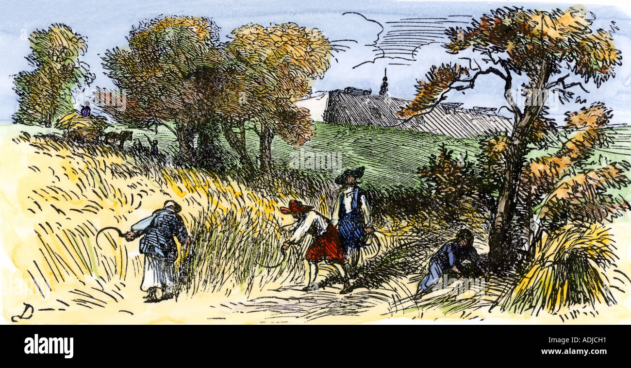 Swedish colonists farming along the Delaware River in New Sweden 1600s. Hand-colored woodcut Stock Photo