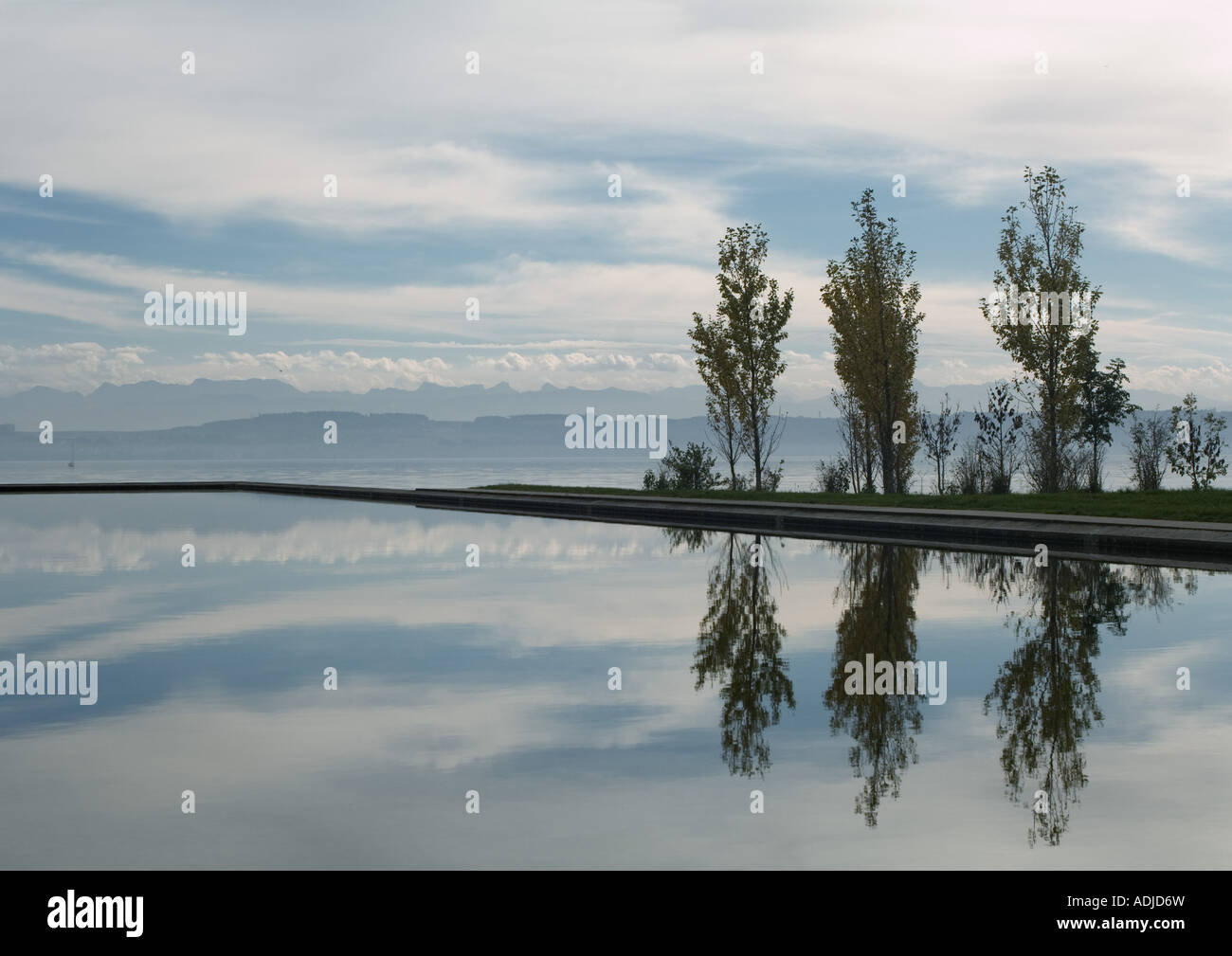 Seascape with trees reflected in water Stock Photo - Alamy