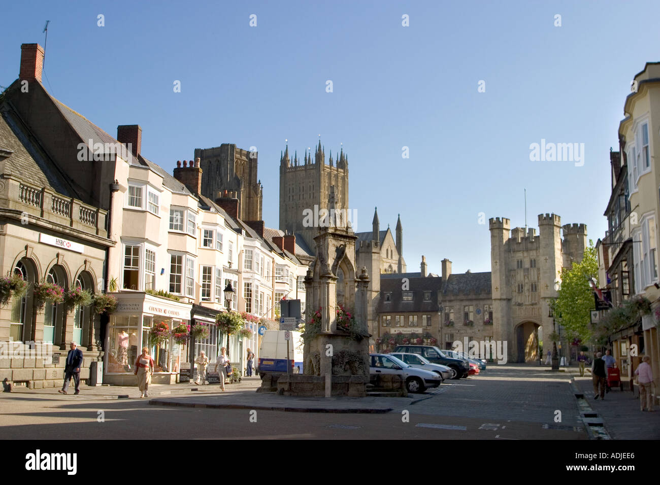 Wells town centre with the cathedral behind Wells Somerset England