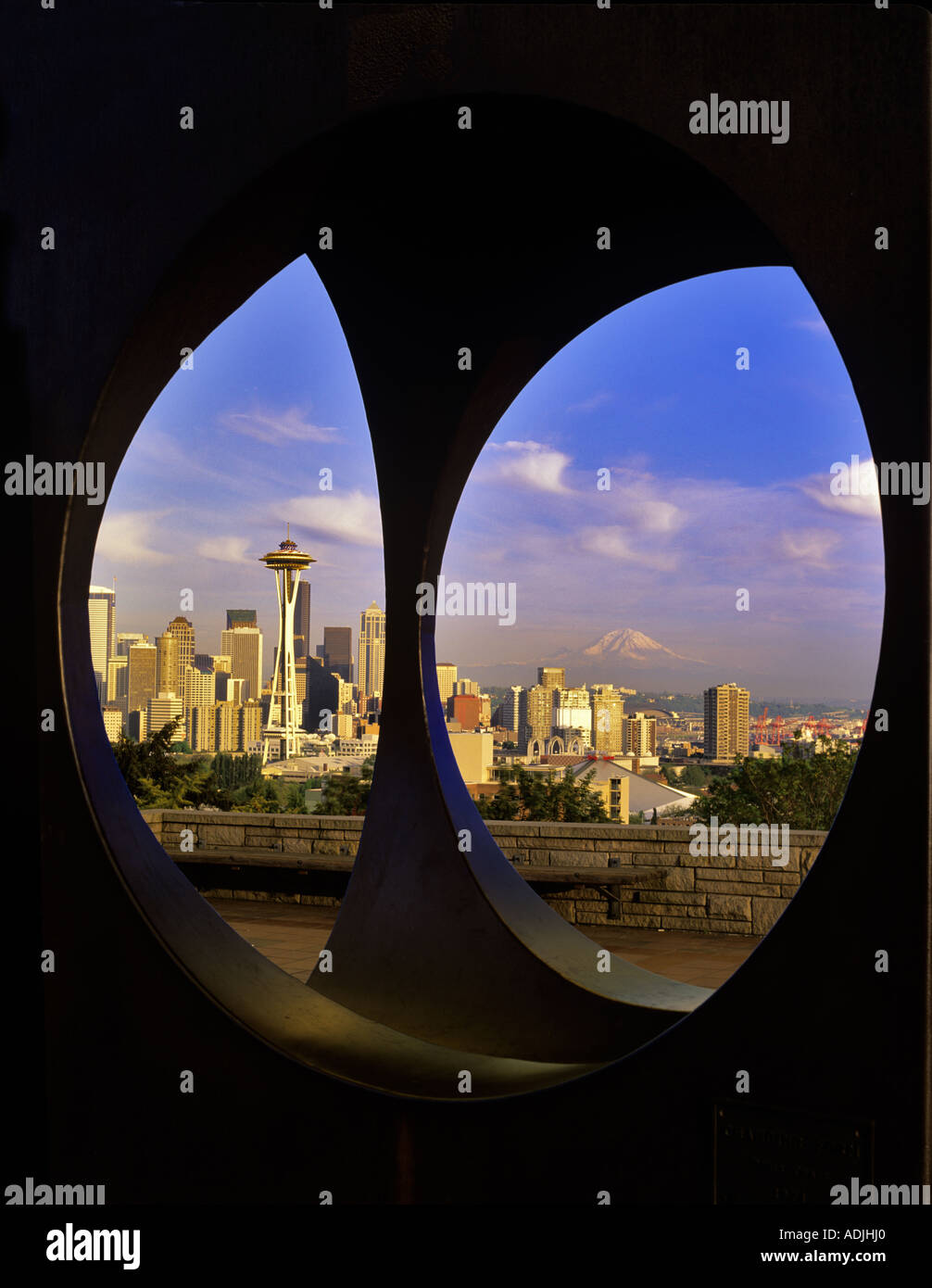 Seattle skyline as seen through sculpture at Kerry Park Washington Stock Photo